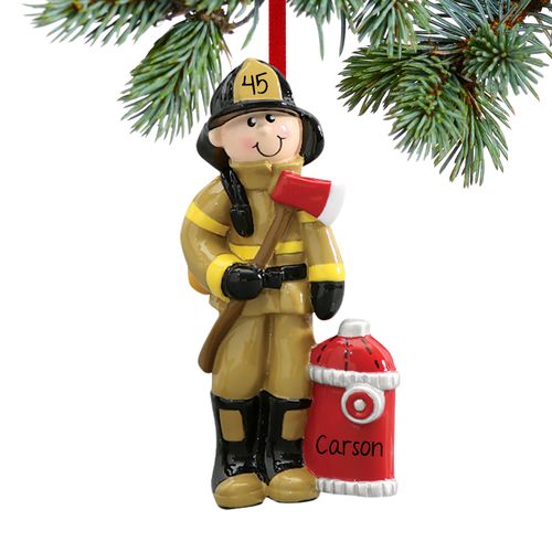 Personalized Fireman Holding an Axe by Red Fire Hydrant