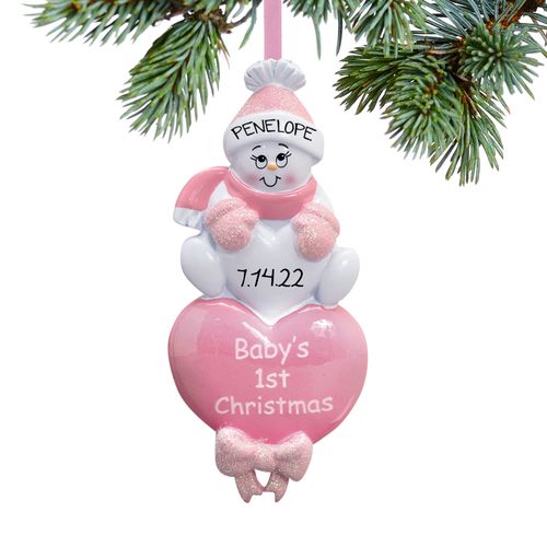 Personalized Baby Girl's First Christmas Pink Snowman