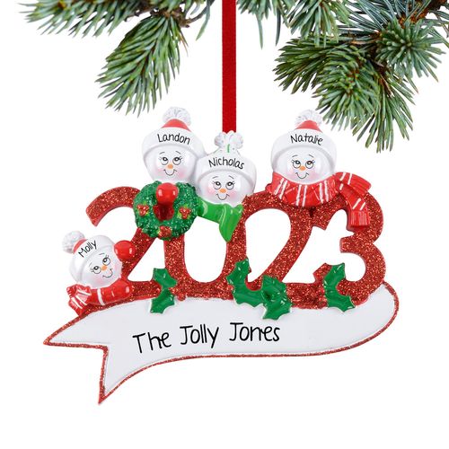 Personalized 2023 Snowman Family of 4 Holiday Ornament