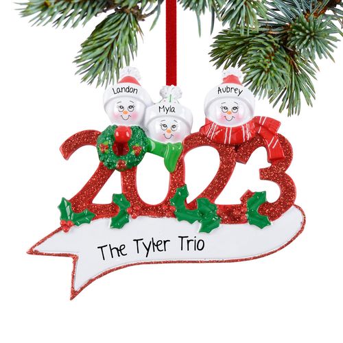 Personalized 2023 Snowman Family of 3 Holiday Ornament