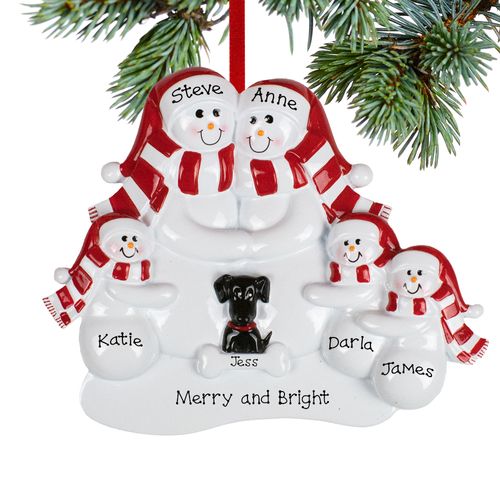 Personalized Snowman Family of 5 with 1 Black Dog