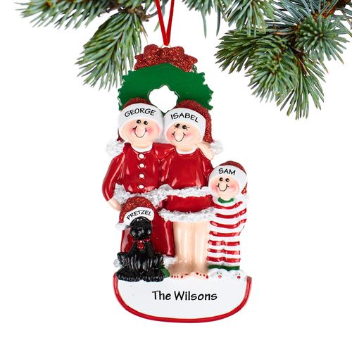 Christmas Eve Family Of 3 With Black Dog Holiday Ornament
