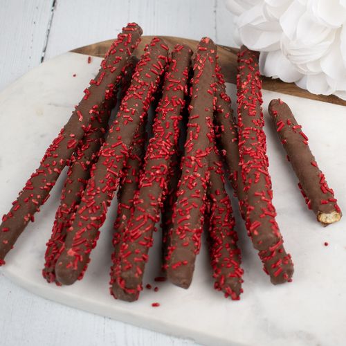 Chocolate Pretzel Rods with Red Sprinkles