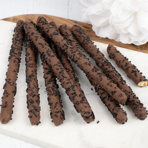 Chocolate Pretzel Rods with Black Sprinkles