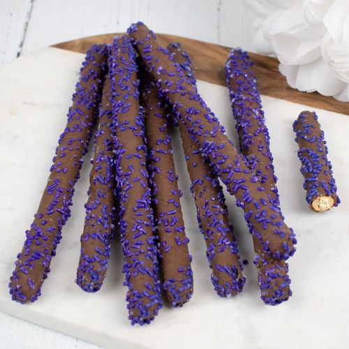 Chocolate Pretzel Rods with Purple Sprinkles