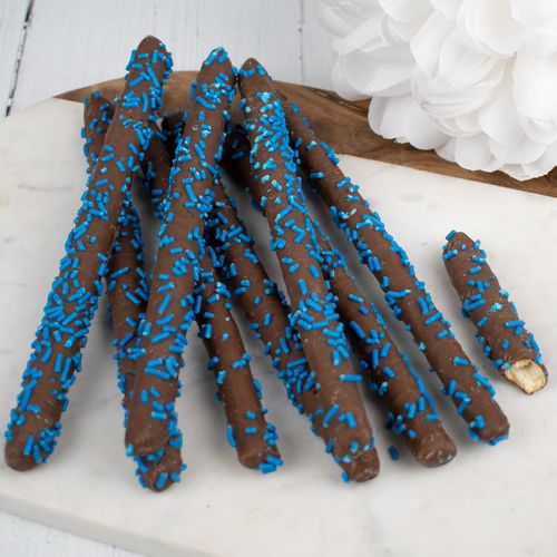 Chocolate Pretzel Rods with Blue Sprinkles