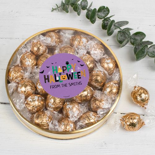 Personalized Halloween Large Plastic Tin with Lindt Truffles (20pcs) - Halloween Party