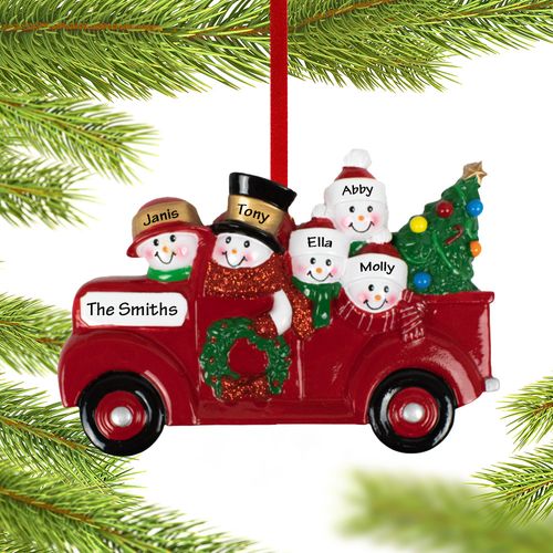 Vintage Red Truck Snowman Family Of 5 Holiday Ornament