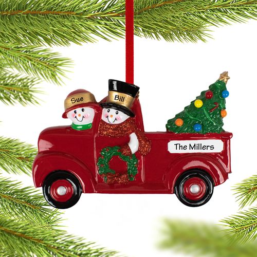 Vintage Red Truck Snowman Couple Holiday Ornament