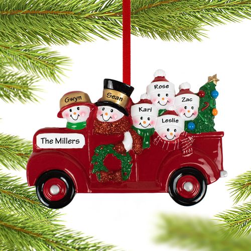 Vintage Red Truck Snowman Family Of 6 Holiday Ornament
