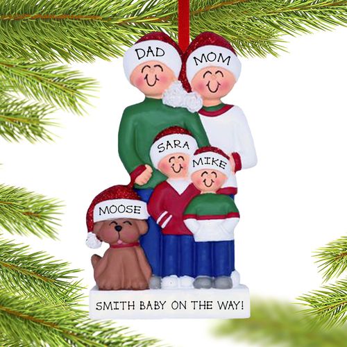 Expecting Family Of 4 With Brown Dog Holiday Ornament