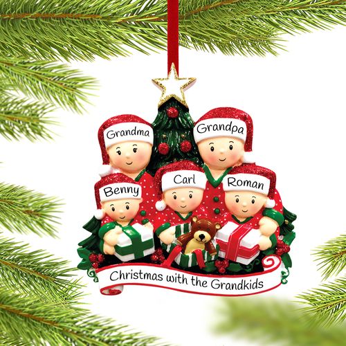 Opening Presents Family of 5 Grandparents Holiday Ornament