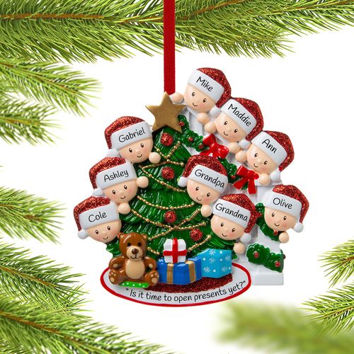 Present Peeking Family of 9 Grandparents Holiday Ornament