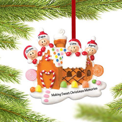 Gingerbread House Family of 4 Grandparents Holiday Ornament
