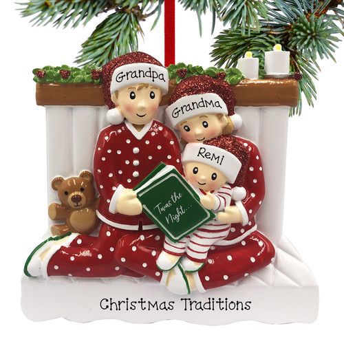 Reading in Bed Family of 3 Grandparents Holiday Ornament