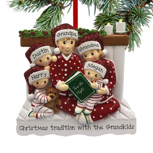 Reading in Bed Family of 5 Grandparents Holiday Ornament