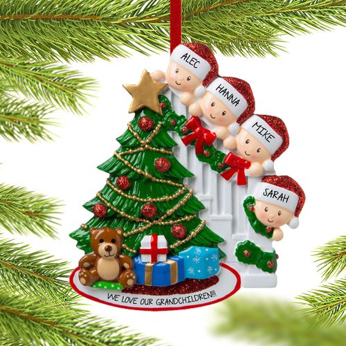 Present Peeking Family of 4 Grandparents Holiday Ornament