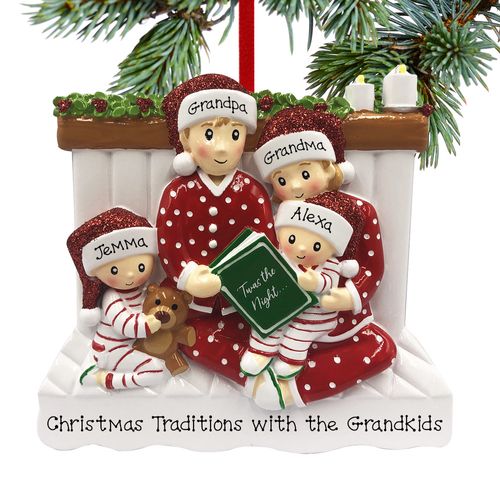 Reading in Bed Family of 4 Grandparents Holiday Ornament