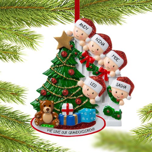 Present Peeking Family of 5 Grandparents Holiday Ornament