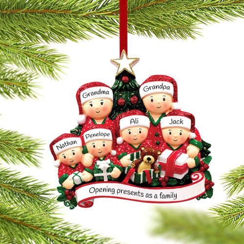 Opening Presents Family of 6 Grandparents Holiday Ornament