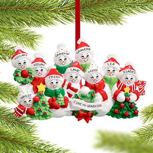 Snowmen with Banner Family of 10 Grandparents Holiday Ornament