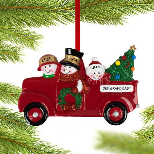 Vintage Red Truck Snowman Family Of 3 Grandparents Holiday Ornament