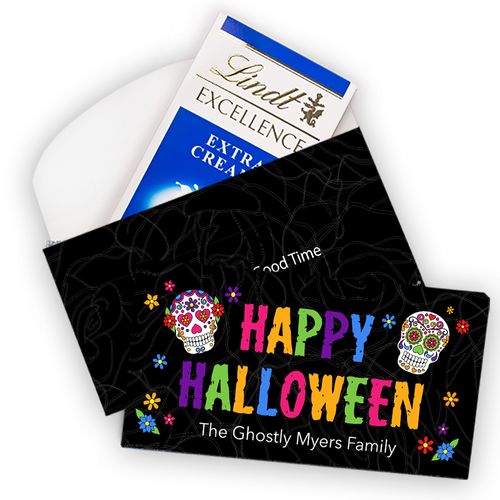Deluxe Personalized Halloween Festive Sugar Skull Lindt Chocolate Bar in Box