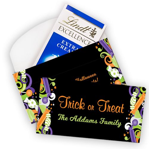 Deluxe Personalized Halloween No Tricks Just Treats Lindt Chocolate Bar in Gift Box