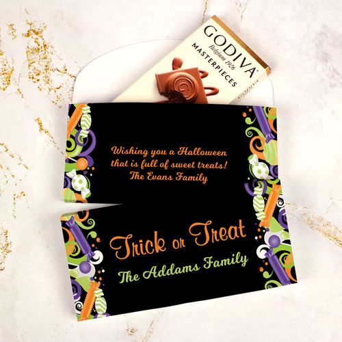 Deluxe Personalized Halloween No Tricks Just Treats Godiva Chocolate Bar in Gift Box
