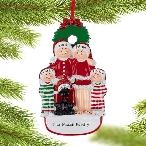 Christmas Eve Family Of 4 With Black Dog Holiday Ornament