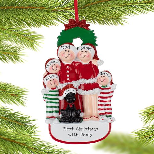 Christmas Eve Family Of 5 With Black Dog Holiday Ornament