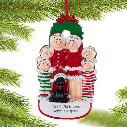 Christmas Eve Family Of 6 With Black Dog Holiday Ornament