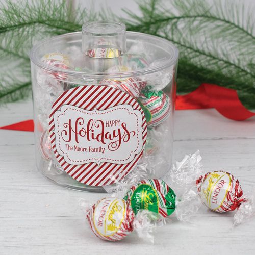 Personalized Happy Holiday Swirls Lindor Truffles Short Canister Gift - Truffle Mix