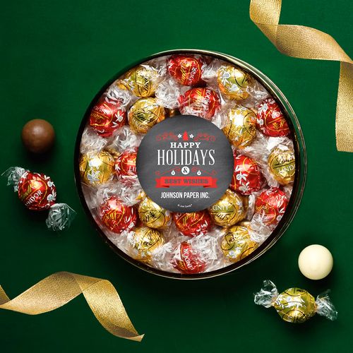 Personalized Happy Holidays & Best Wishes Large Plastic Tin with Lindt Truffles (20pcs)
