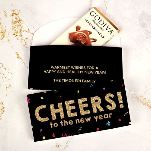 Deluxe Personalized New Year Cheers Godiva Chocolate Bar in Gift Box