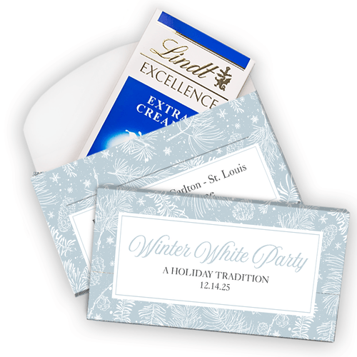Deluxe Personalized Winter White Party Lindt Chocolate Bar in Gift Box (3.5oz)