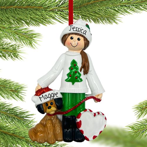 Personalized Female Walking Dog Holiday Ornament