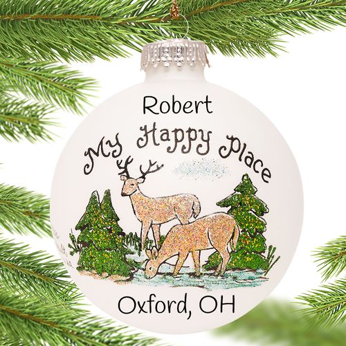 Personalized My Happy Place Deer Holiday Ornament