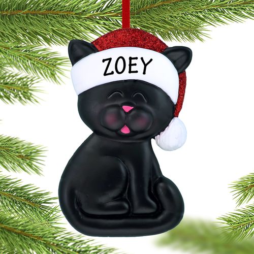 Personalized Black Cat With Santa Hat Holiday Ornament