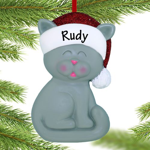 Personalized Grey Cat With Santa Hat Holiday Ornament