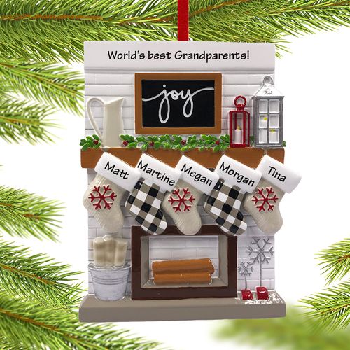 Personalized Fireplace Mantel Family of 5 Grandparents Holiday Ornament