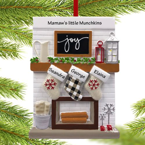 Personalized Fireplace Mantel Family of 3 Grandparents Holiday Ornament