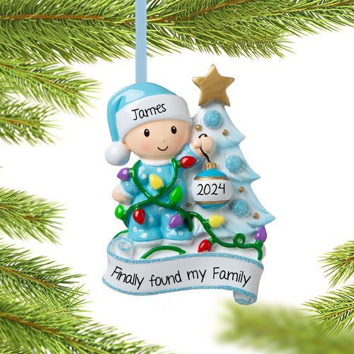 Personalized Baby Boy Decorating Tree Adoption Holiday Ornament