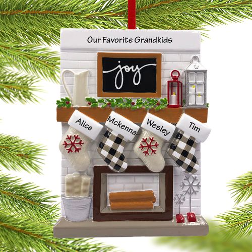 Personalized Fireplace Mantel Family of 4 Grandparents Holiday Ornament