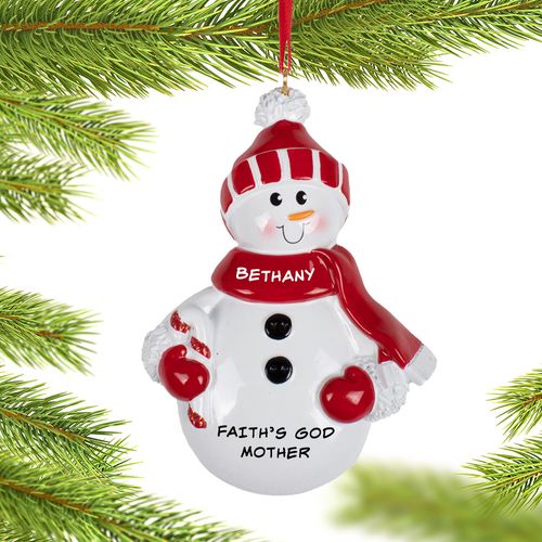 Personalized Red Snowman God Mother Holiday Ornament