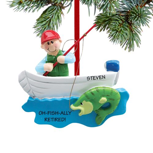 Personalized Fisherman in Boat Retirement Holiday Ornament