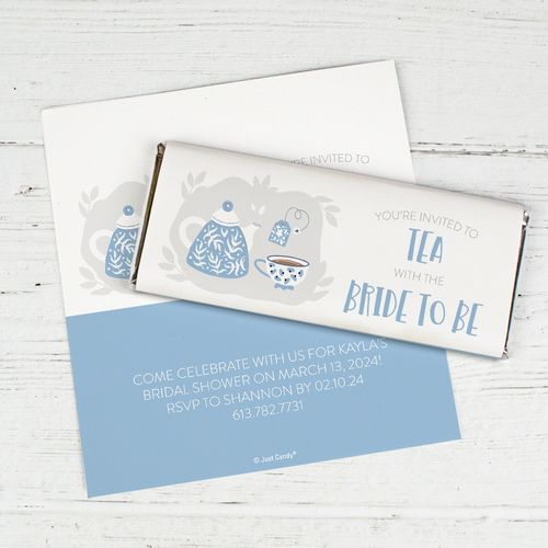 Personalized Blue Tea Party Bridal Shower Invitation Chocolate Bar Wrappers