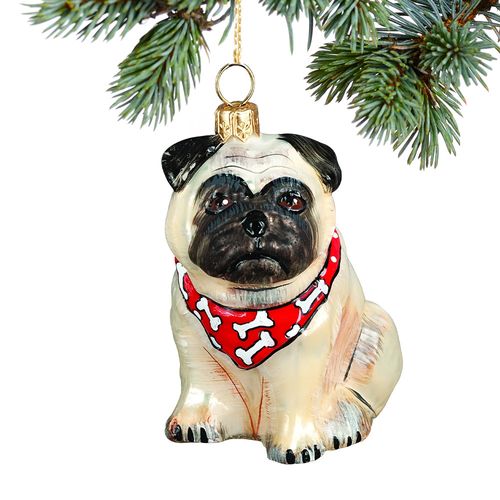 Glass Pug Fawn with Bandana Holiday Ornament