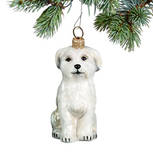 Glass Maltese Sitting Puppy Cut Holiday Ornament