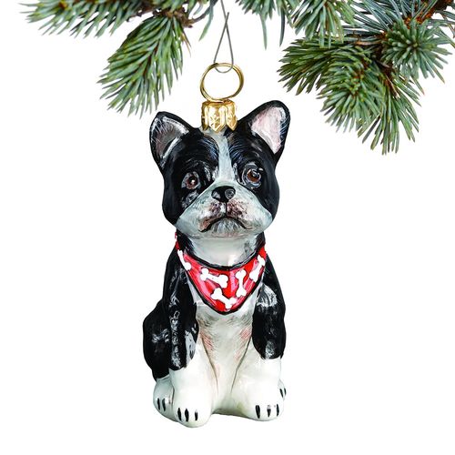 Glass Boston Terrier with Bandana Holiday Ornament